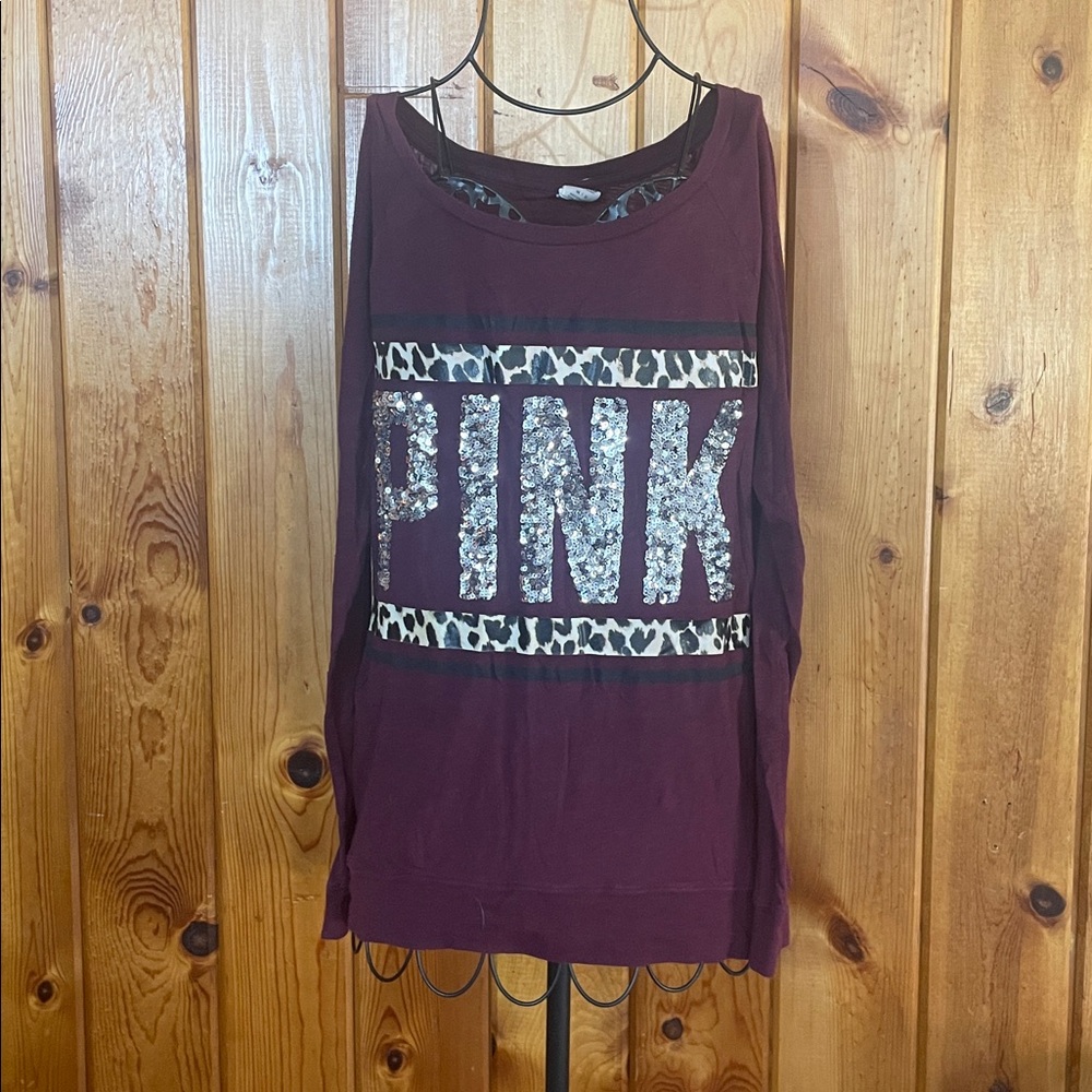 Victoria's Secret Pink Maroon Top cheetah print sparkly long sleeve top medium - Picture 2 of 7